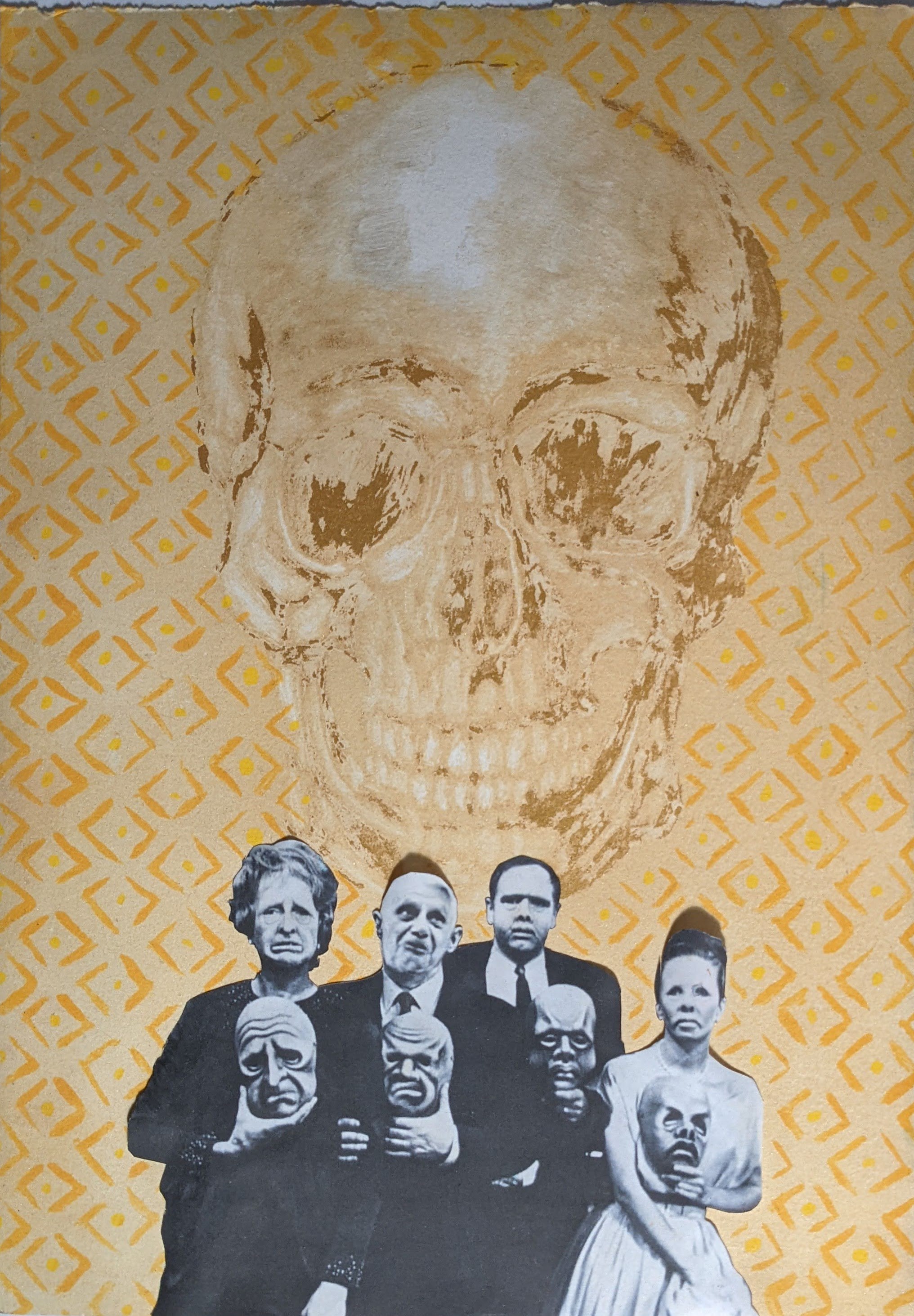 Screenprint of Twilight Zone masked people in front of skull