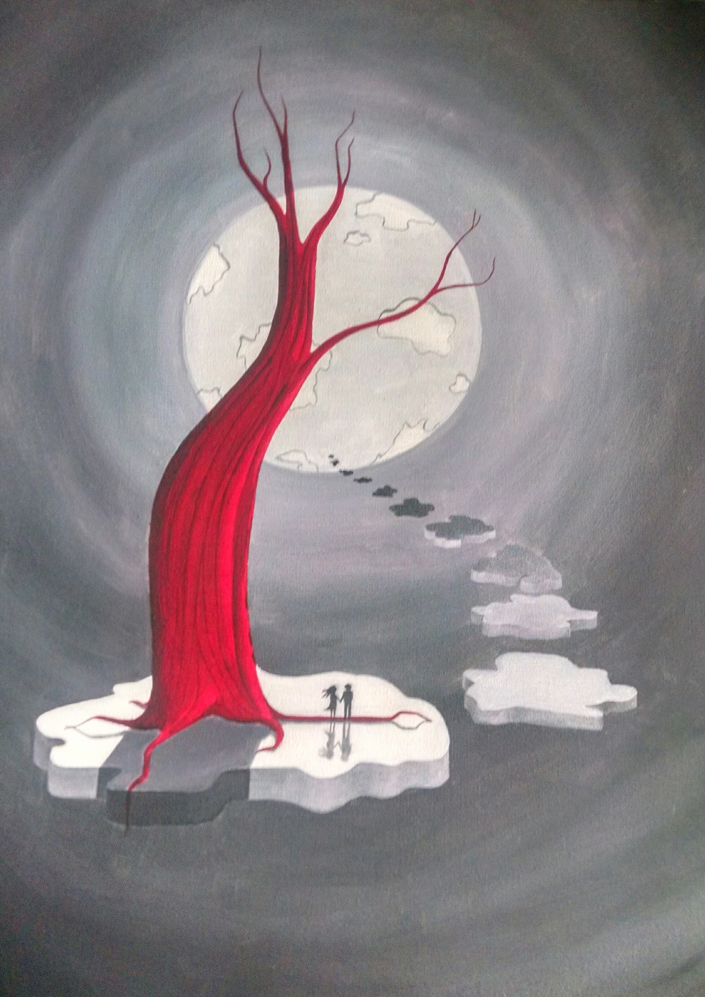 Two figures looking at the moon under a red tree on floating land